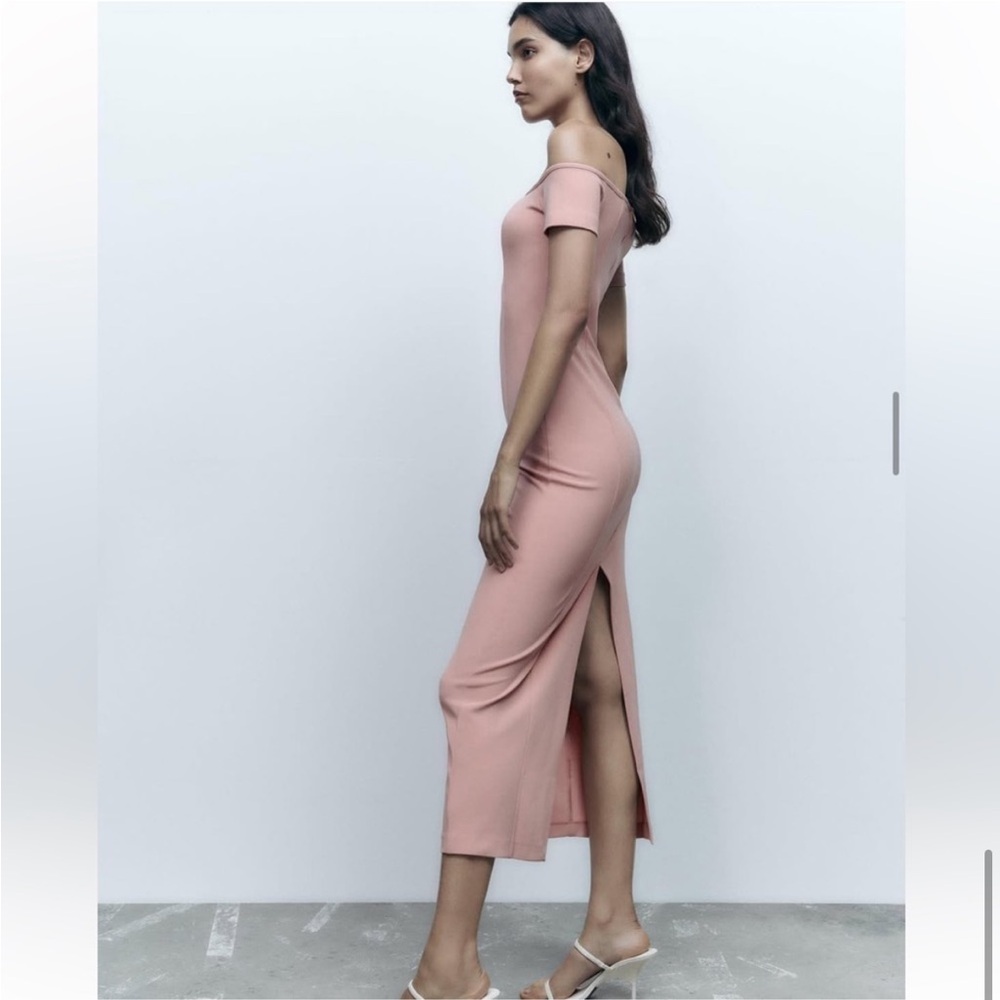 ๐(NWT) ZARA Bloggers Fav Blush Pink Off-The-Shoulder Sheath Midi/Maxi Dress. LG - Picture 8 of 15